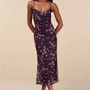 Total Crush Purple Floral Print Mesh Lace-Up Midi Dress - XS